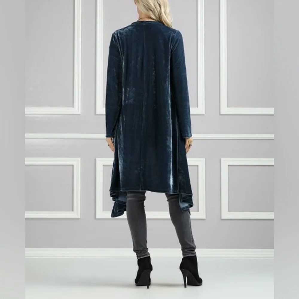 Suzanne Betro Blue Velvet Draped Duater Cardigan Long Boho Bohemian Formal - Picture 2 of 10